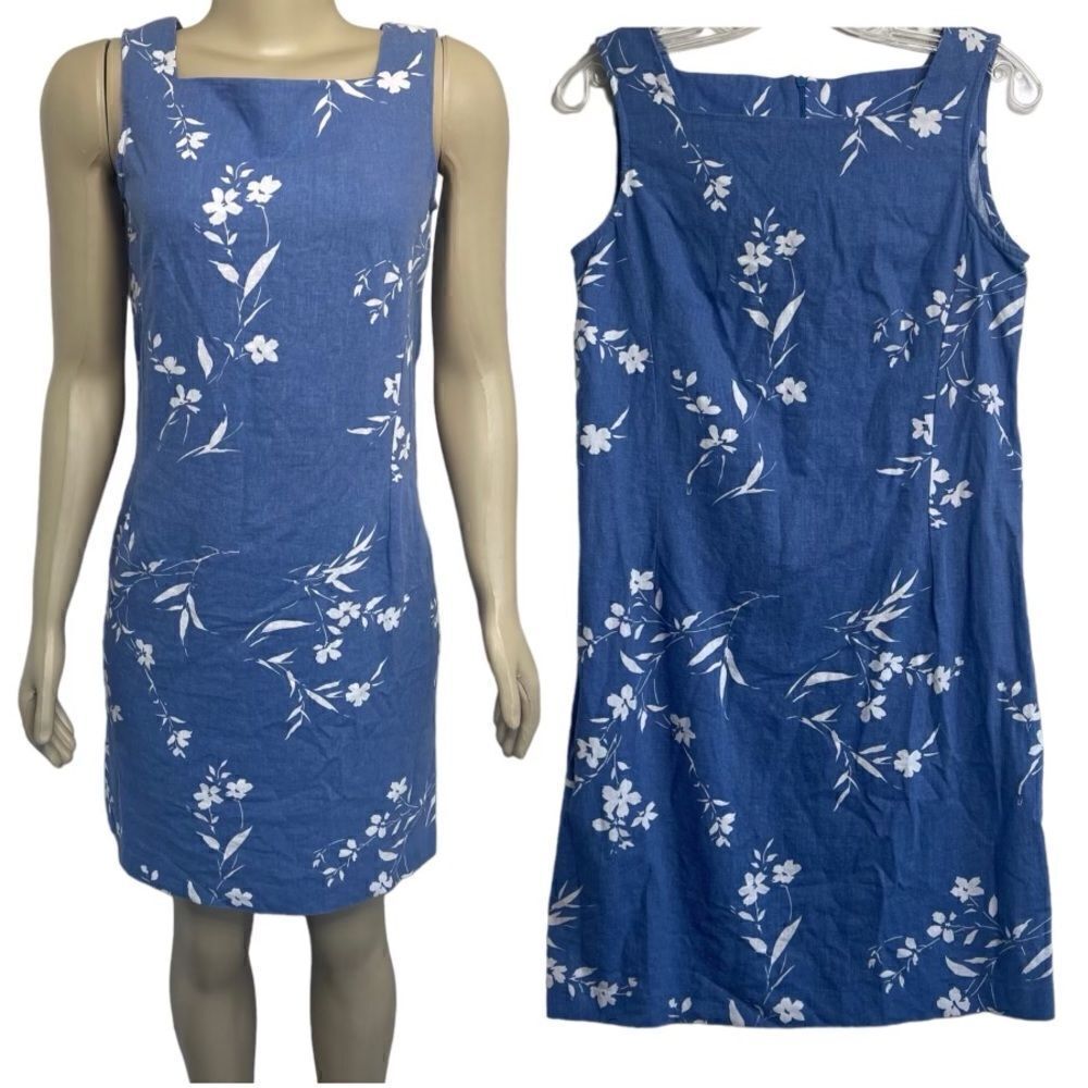 Vintage Expressions Women Linen Blend Dress 10 Floral Hawaiian Beach Blue White